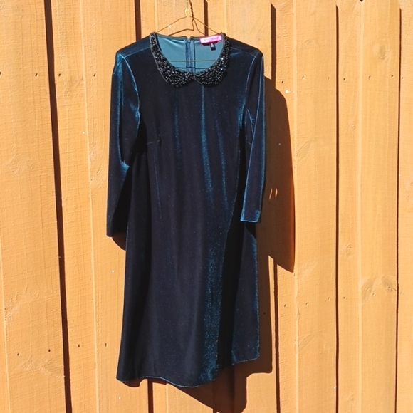 Betsey Johnson Green velvet dress Peter Pan neckline jewel collar Small - Picture 2 of 8